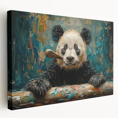 Stretched canvas wall art featuring a playful panda bear design in vibrant colors, showcasing a side view with detailed textures, perfect for children's rooms or playful decor.