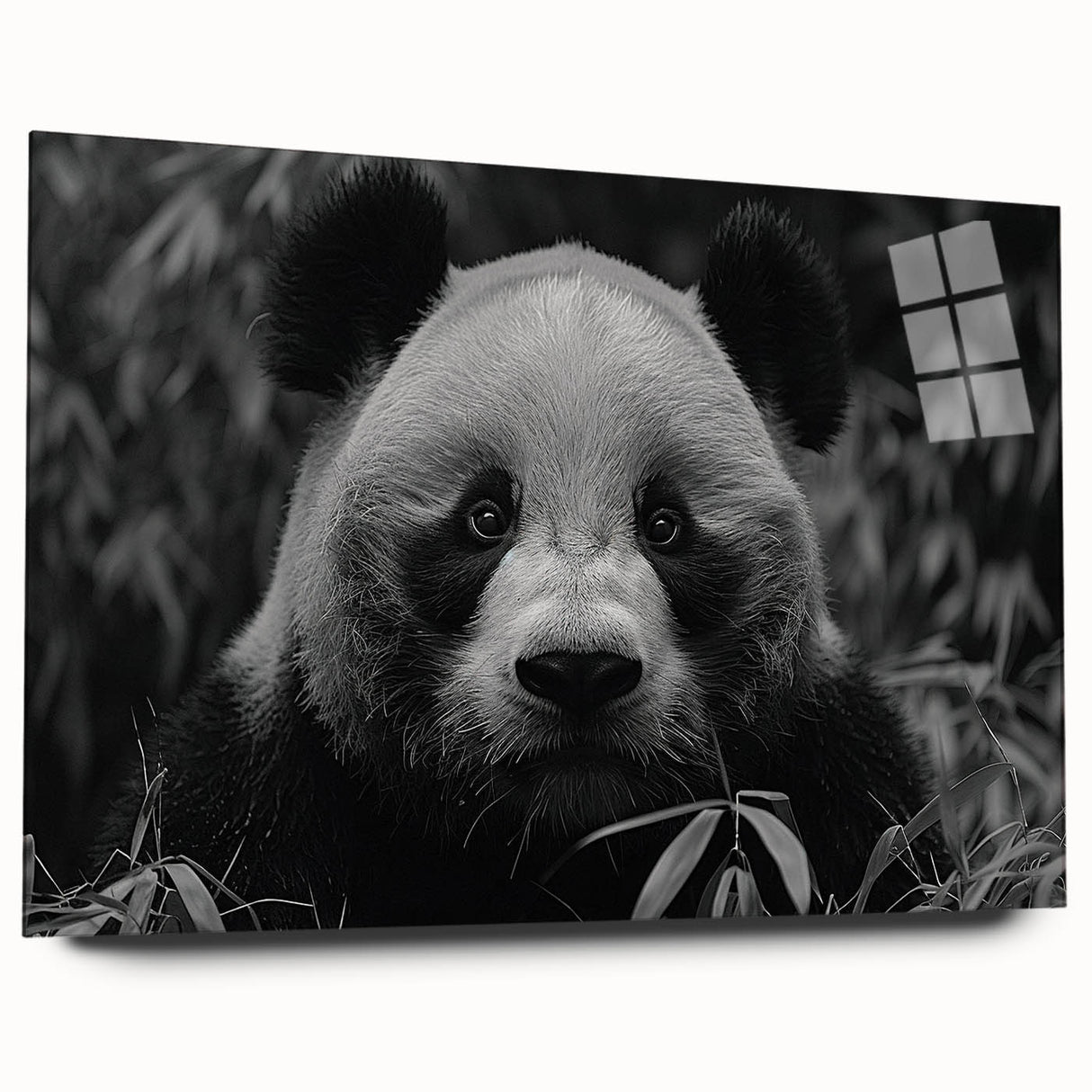 Side view of a panda bear wall art design printed on acrylic glass, showcasing vibrant colors and intricate details, perfect for contemporary home decor.