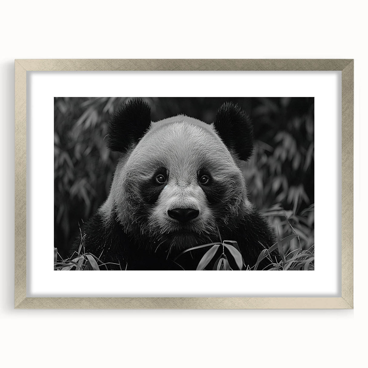 Panda bear wall art design in a silver frame with mat, showcasing a playful panda illustration on a white background, perfect for children's room decor.