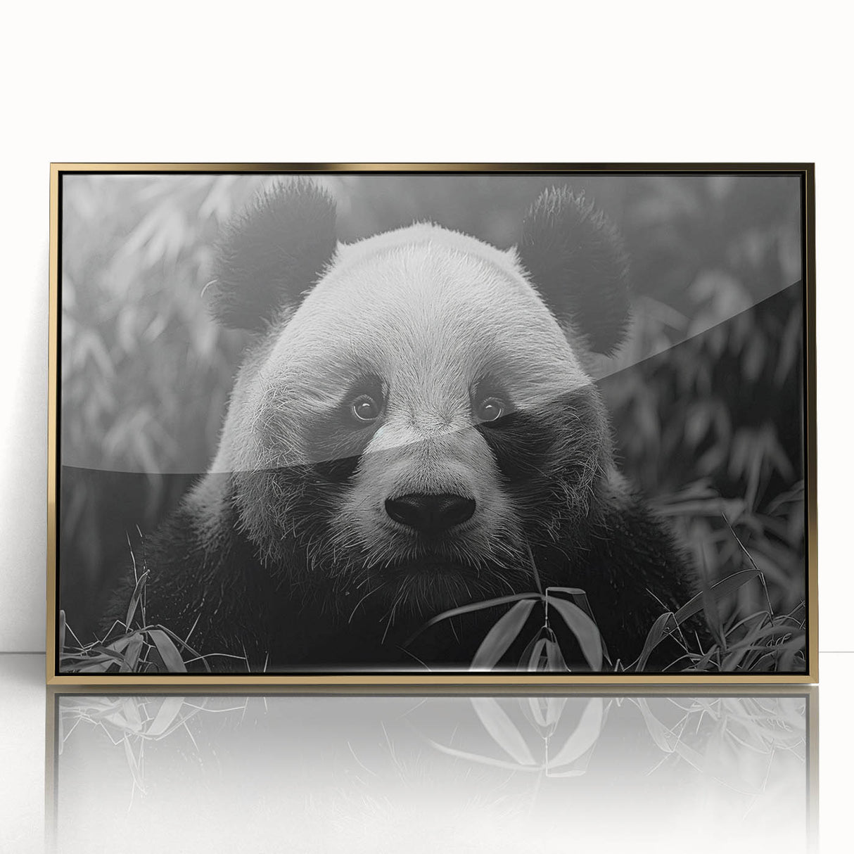Framed wall art collection featuring a playful panda bear design with a gold acrylic front, perfect for children's rooms and modern decor, adding a whimsical touch.
