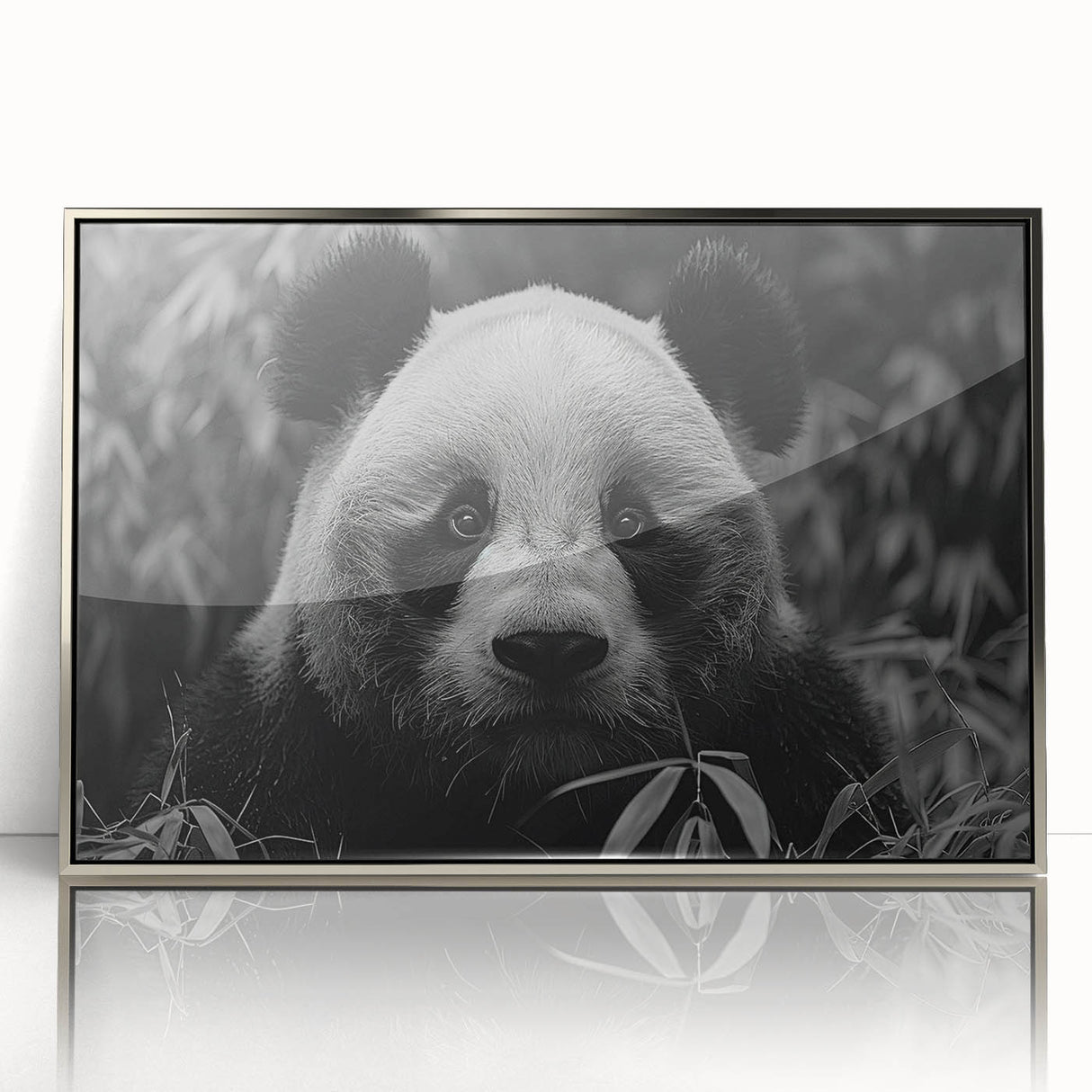 Framed acrylic wall art featuring a playful panda bear design with silver accents, ideal for children's rooms or playful decor, showcasing vibrant colors and detailed artwork.