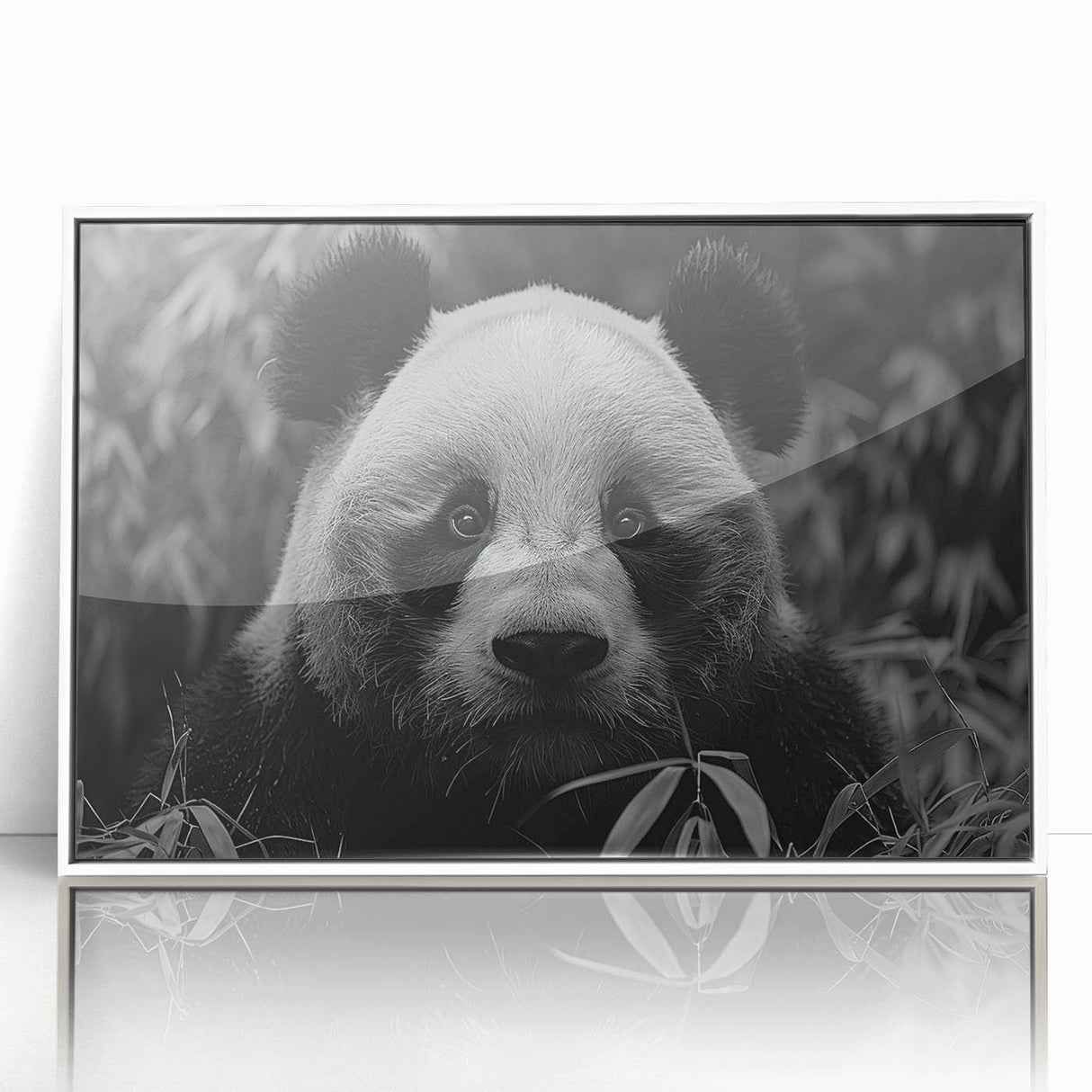 Framed acrylic wall art featuring a playful panda bear design with vibrant colors, displayed in a modern white frame, perfect for children's rooms and animal lovers.