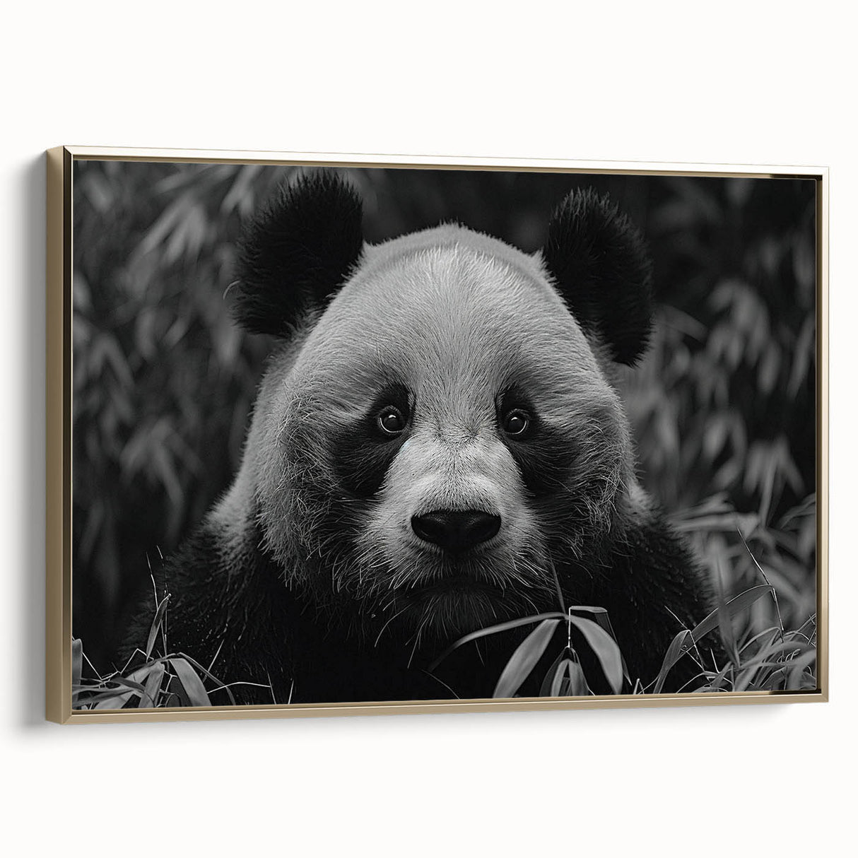 Framed canvas wall art featuring a whimsical panda bear design in vibrant colors, set against a sleek gold frame, ideal for children's rooms and playful decor.