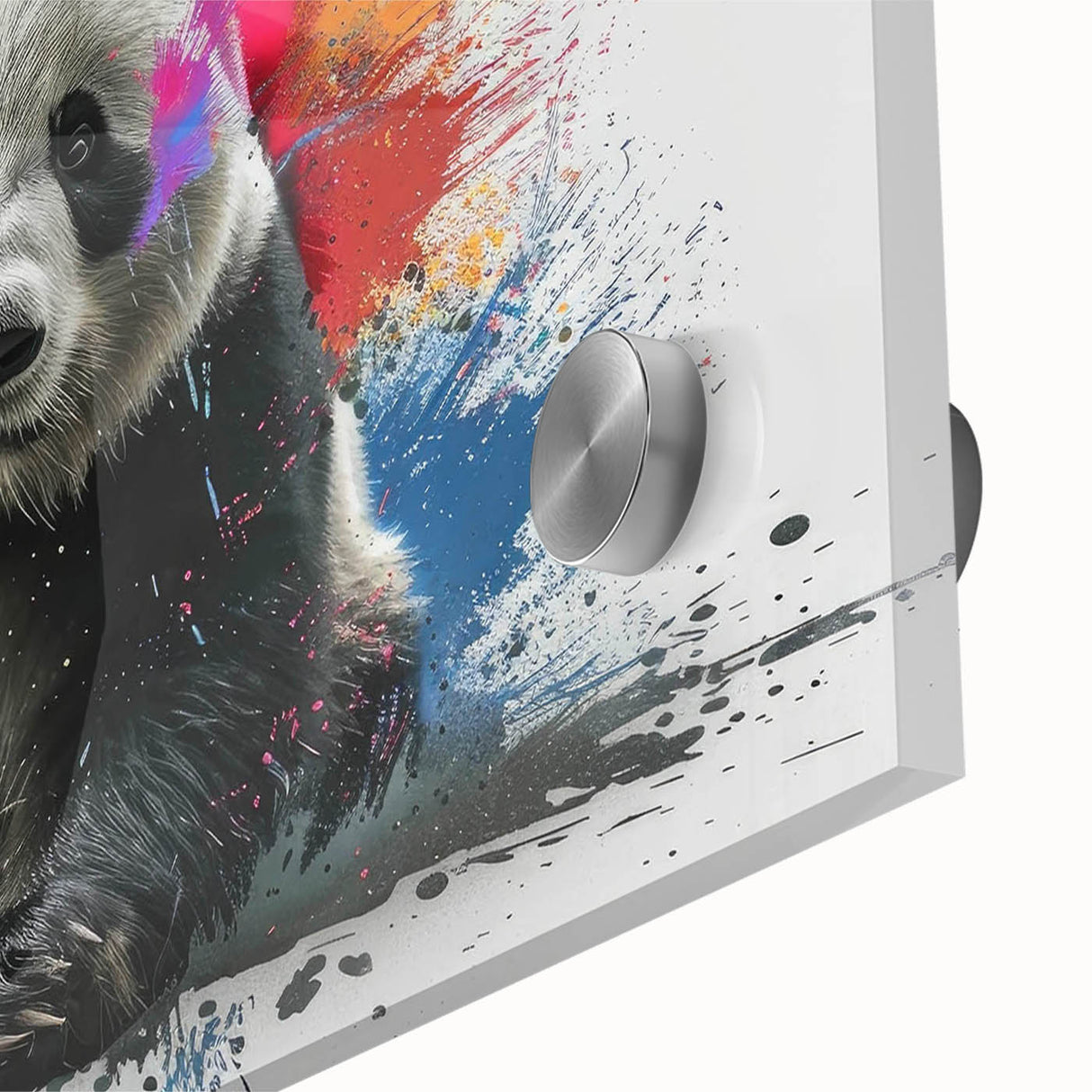 Close-up of a vibrant panda bear wall art design printed on acrylic glass, showcasing vivid colors and intricate details, perfect for modern home decor.