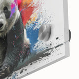 Close-up of a vibrant panda bear wall art design printed on acrylic glass, showcasing vivid colors and intricate details, perfect for modern home decor.