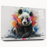 Acrylic glass wall art featuring a whimsical panda bear design, side view showcasing colorful pins for easy hanging, perfect for children's room decor.