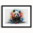 Black-framed wall art featuring a whimsical panda bear design, perfect for children's rooms or playful decor, showcasing vibrant colors and unique artistic style.