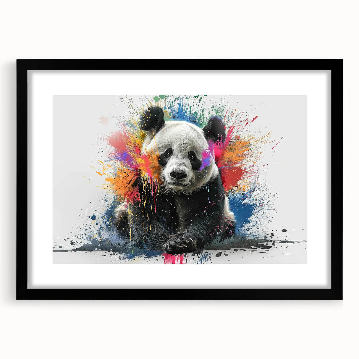 Black-framed wall art featuring a whimsical panda bear design, perfect for children's rooms or playful decor, showcasing vibrant colors and unique artistic style.