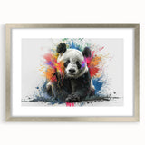 Panda bear wall art design framed in silver, showcasing a playful panda illustration on a white background, perfect for nursery or children's room decor.