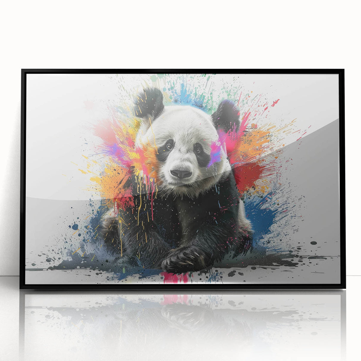 Framed wall art featuring a panda bear design in vibrant colors, showcasing a black acrylic frame that enhances the modern aesthetic, ideal for animal lovers.