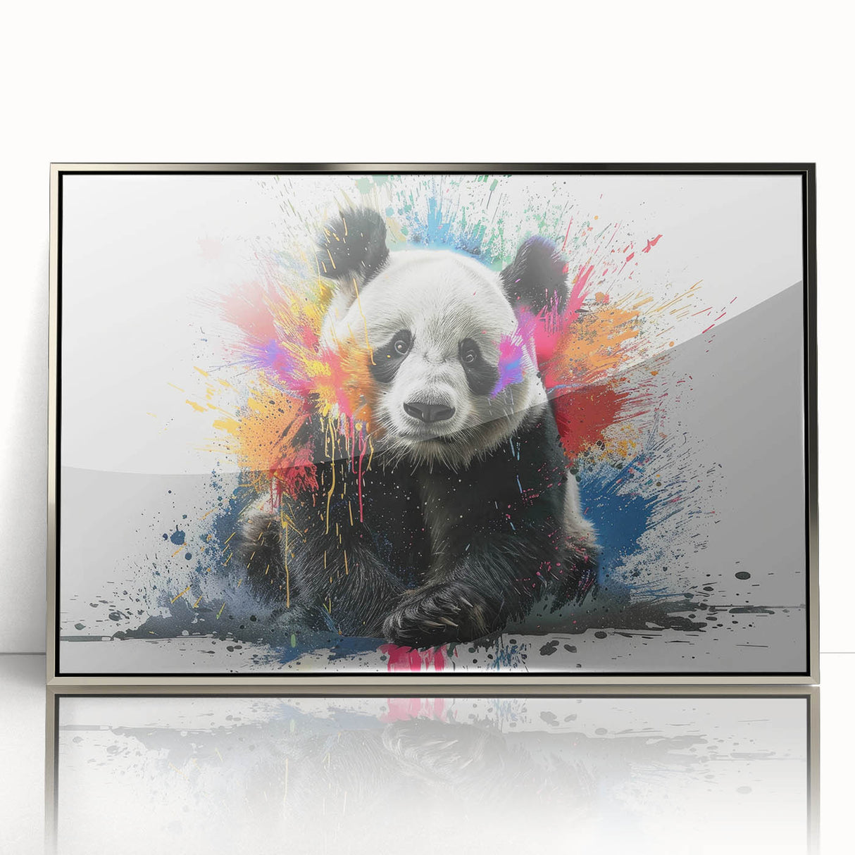 Framed wall art featuring a stylized panda bear design with a silver acrylic front, ideal for modern decor. Perfect for animal lovers and unique home aesthetics.