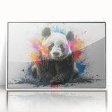 Framed acrylic wall art featuring a playful panda bear design, presented in a sleek white frame, ideal for children's rooms or playful decor.