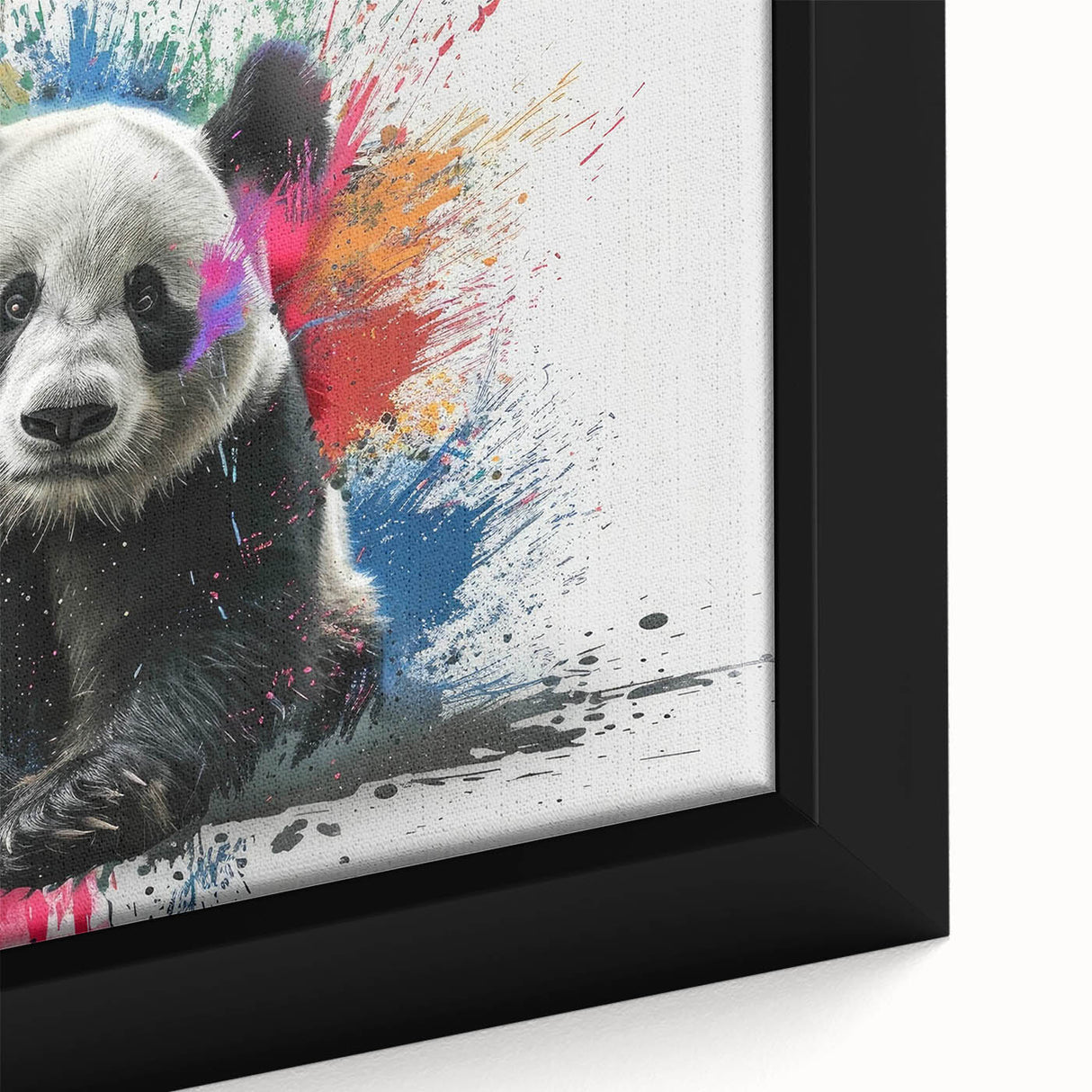 Close-up view of a framed panda bear wall art canvas, showcasing vibrant colors and intricate details of the design, perfect for children's room decor.