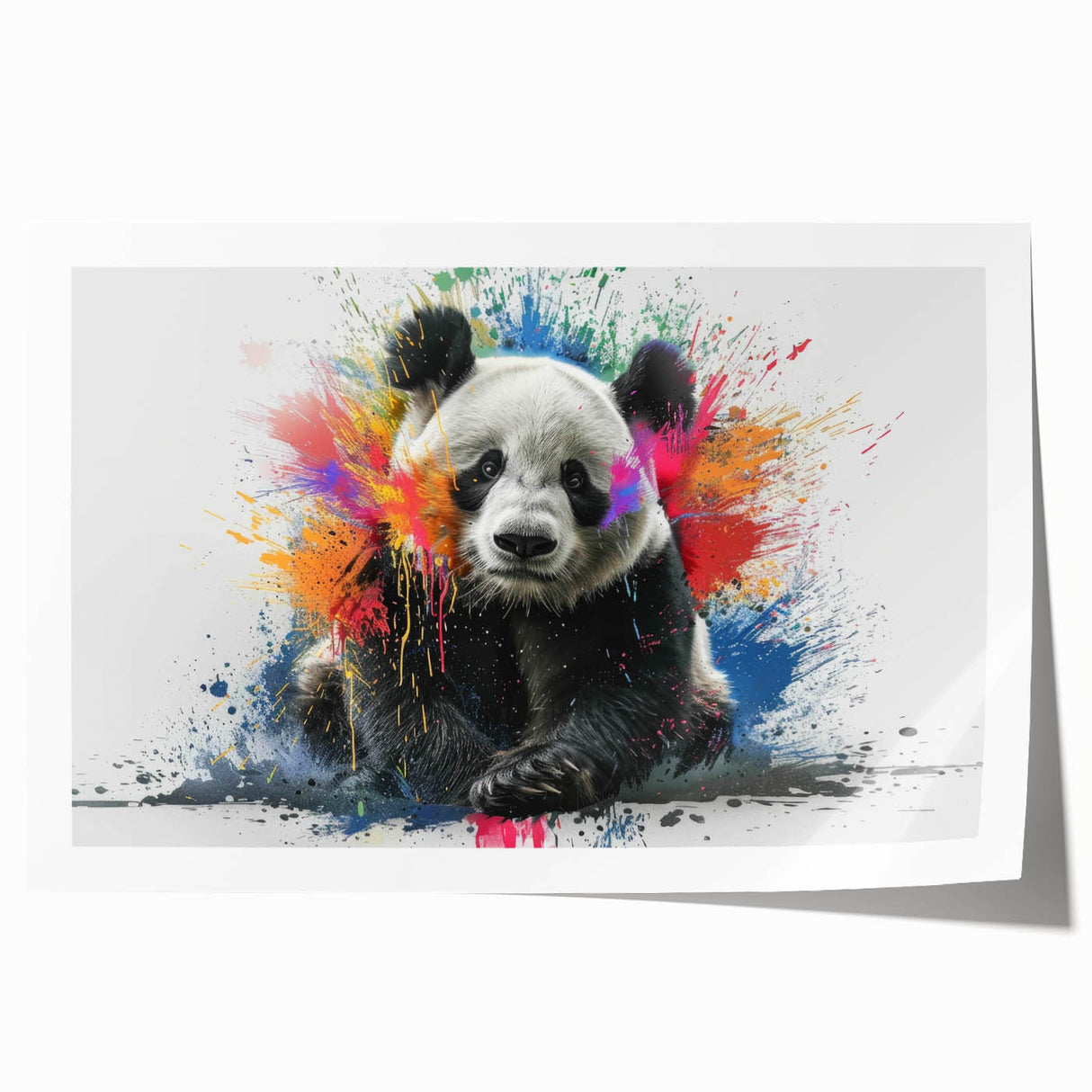 Panda bear wall art design on rolled print showcases vibrant colors and playful imagery, perfect for children's room decor or animal-themed spaces. This unique artwork adds a whimsical touch to any interior, appealing to both kids and adults alike.