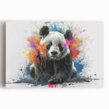 Panda bear wall art design on stretched canvas, showcasing vibrant colors and playful imagery, ideal for children's rooms or playful decor themes.
