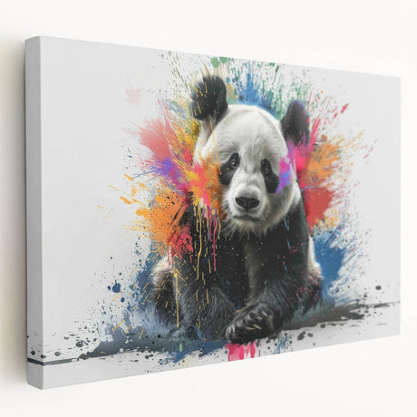 Stretched canvas wall art showcasing a whimsical panda bear design with vibrant colors, perfect for children's rooms or playful decor accents.
