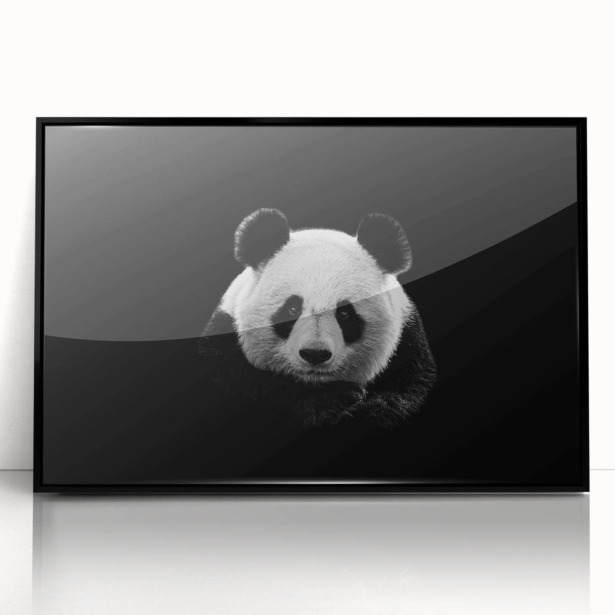 Framed acrylic wall art featuring a whimsical black-and-white panda bear design, ideal for children's rooms or playful decor, showcasing a modern aesthetic.
