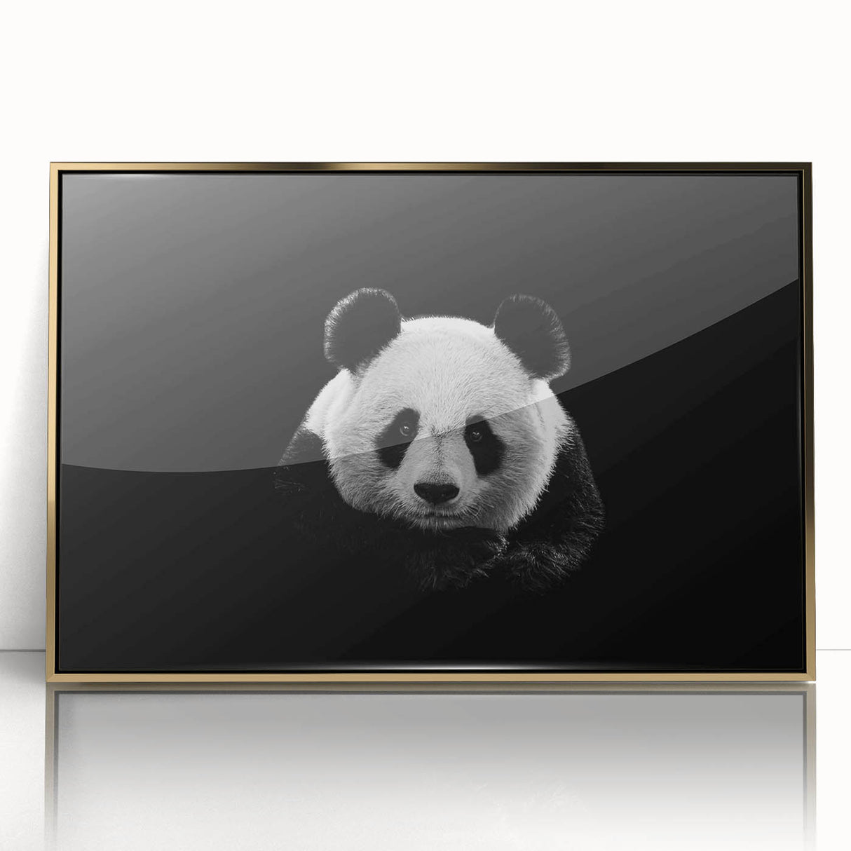 Framed wall art featuring a playful panda bear design with a gold-accented acrylic front. Ideal for children's rooms or playful decor themes, combining vibrant colors and whimsical artistry.