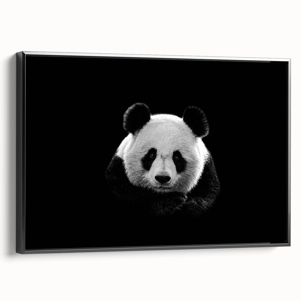 Framed canvas wall art featuring a black and white panda bear design, showcasing intricate details and a sleek side view, perfect for modern home decor.