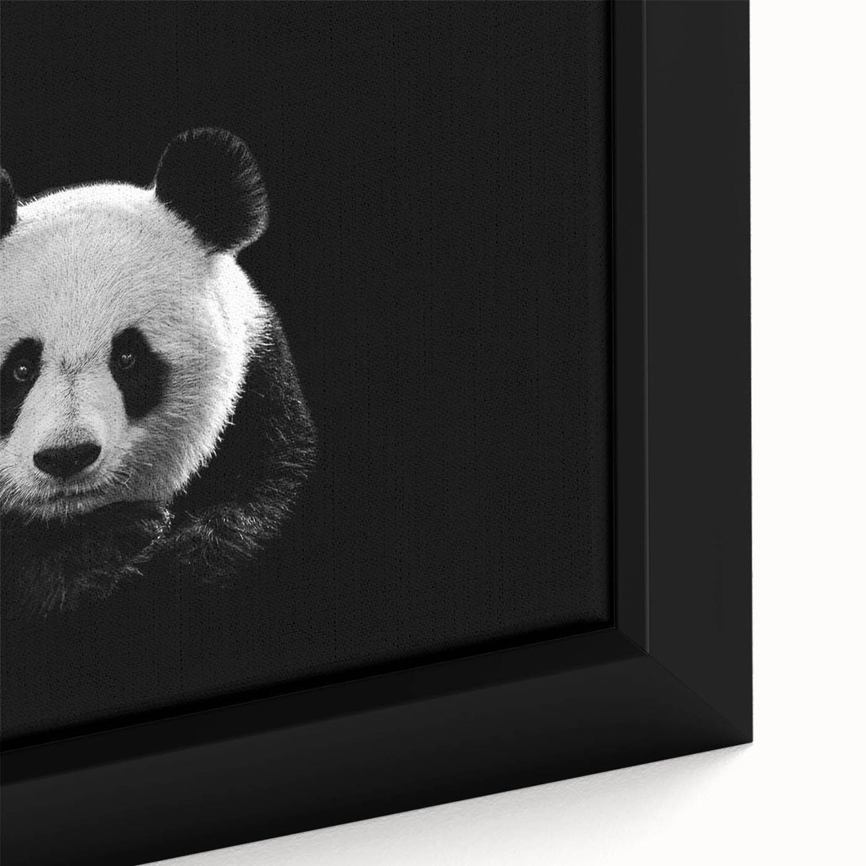 Close-up of a framed panda bear wall art design, showcasing vibrant colors and intricate details on a textured canvas, perfect for children's room decor.