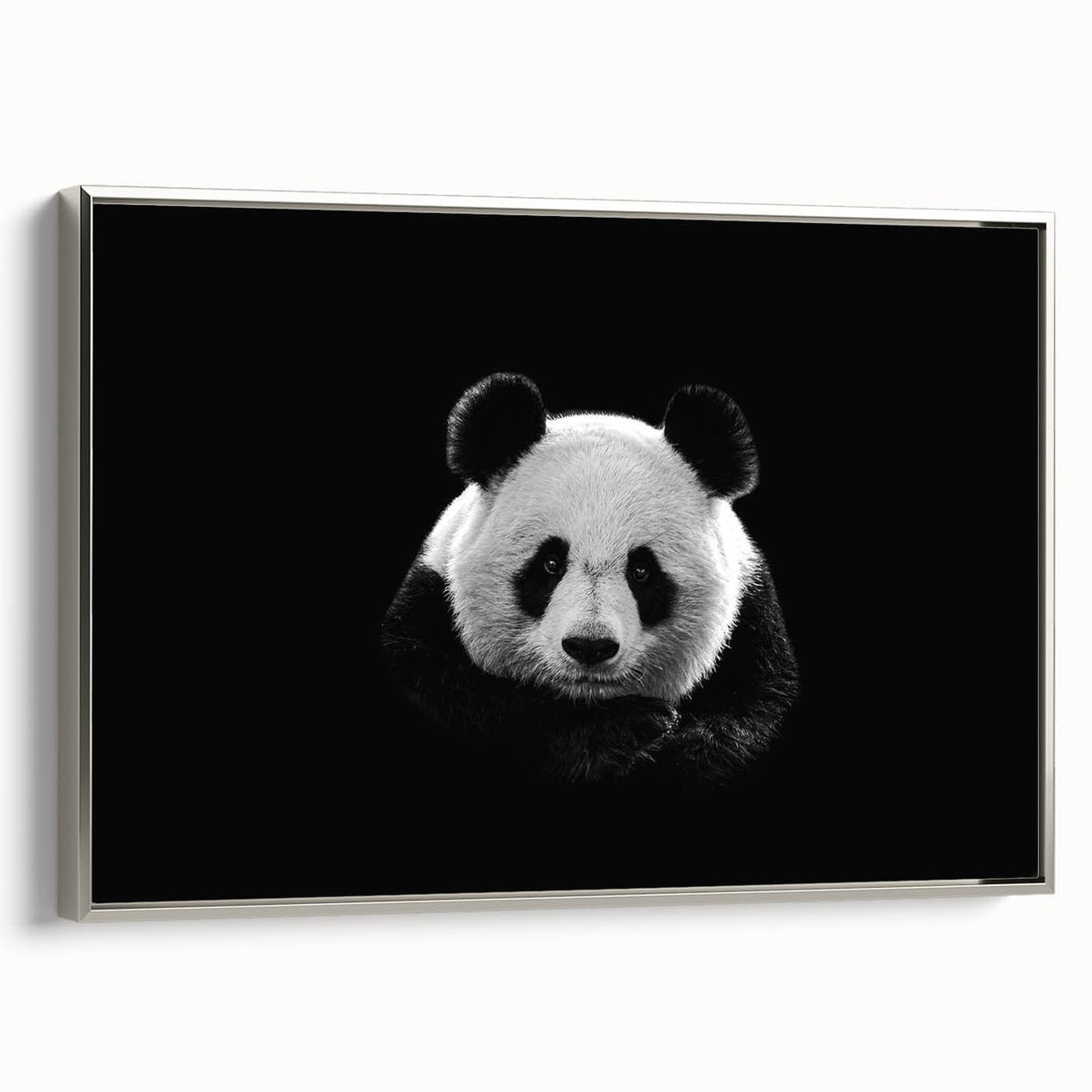 Framed silver wall art featuring a panda bear design on canvas, showcasing vibrant colors and intricate details, ideal for modern decor and animal lovers.