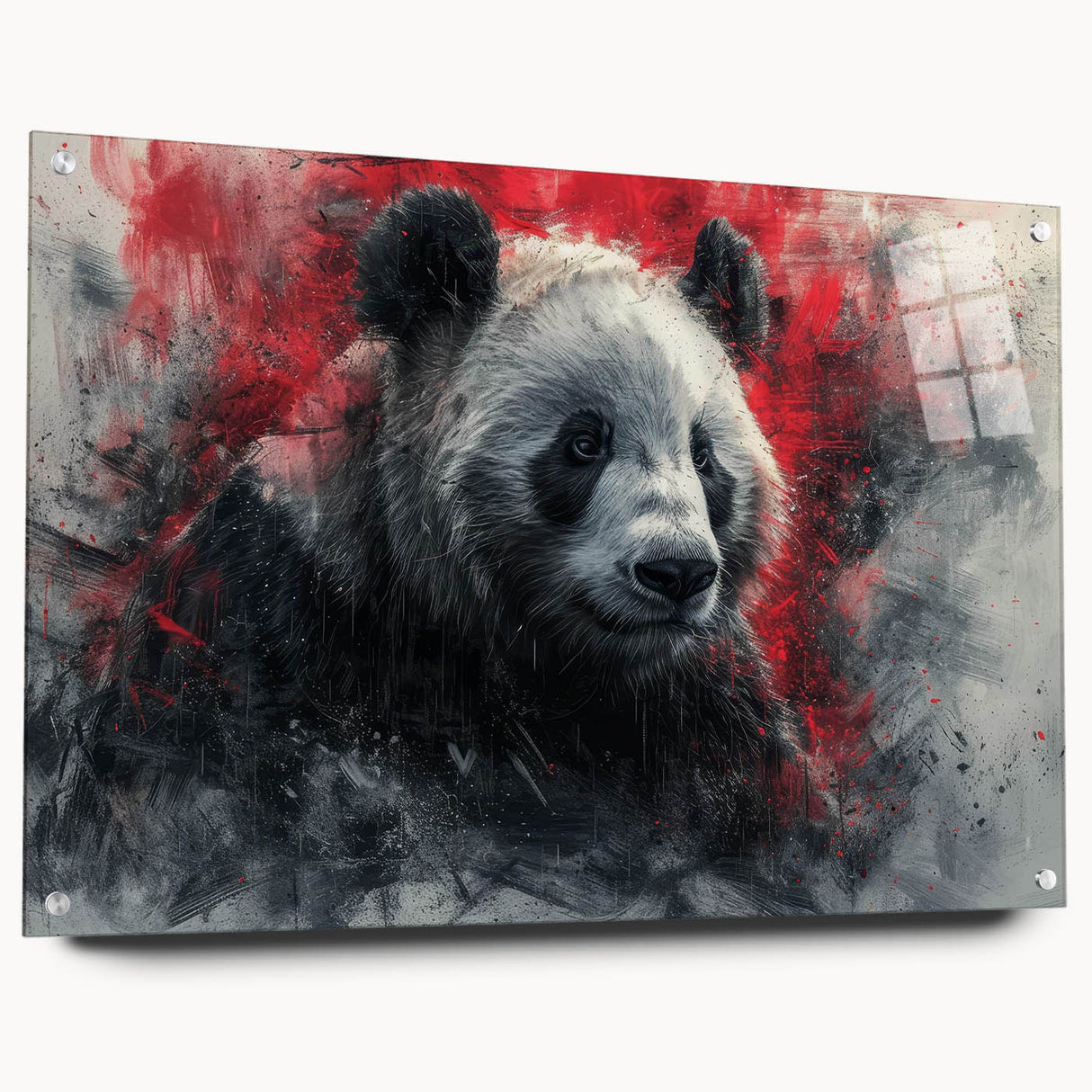 Acrylic wall art display showcasing a panda bear design, featuring vibrant colors and a sleek side view with pins for easy wall mounting, perfect for animal lovers.