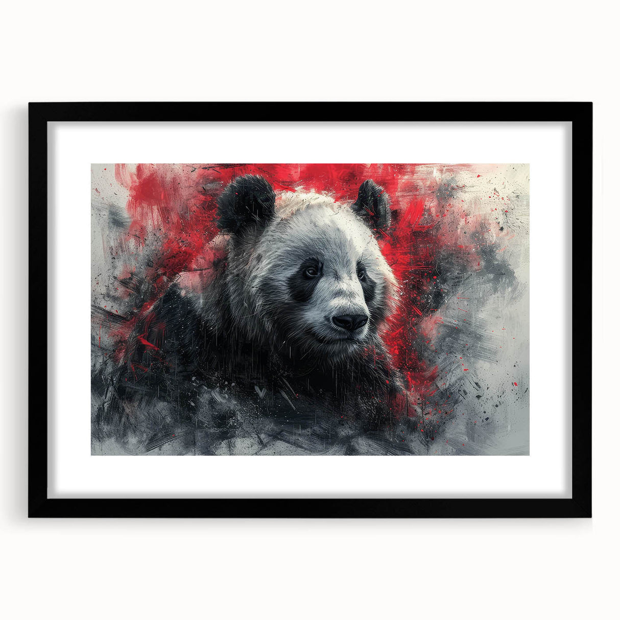 Framed panda bear wall art design with a black mat and sleek black frame, showcasing a whimsical and playful aesthetic perfect for children's rooms or nurseries.