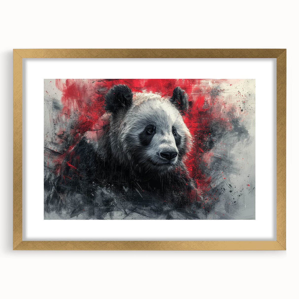 Gold-framed wall art showcasing a playful panda bear design, featuring vibrant colors and intricate details, perfect for children's room decor.