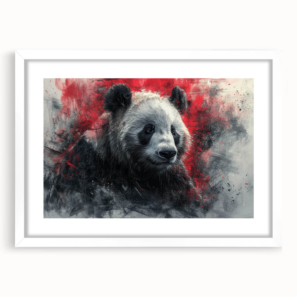Panda bear-themed wall art framed in white, showcasing a playful design perfect for children's rooms or nursery decor. Mat adds depth, enhancing the artwork's appeal.