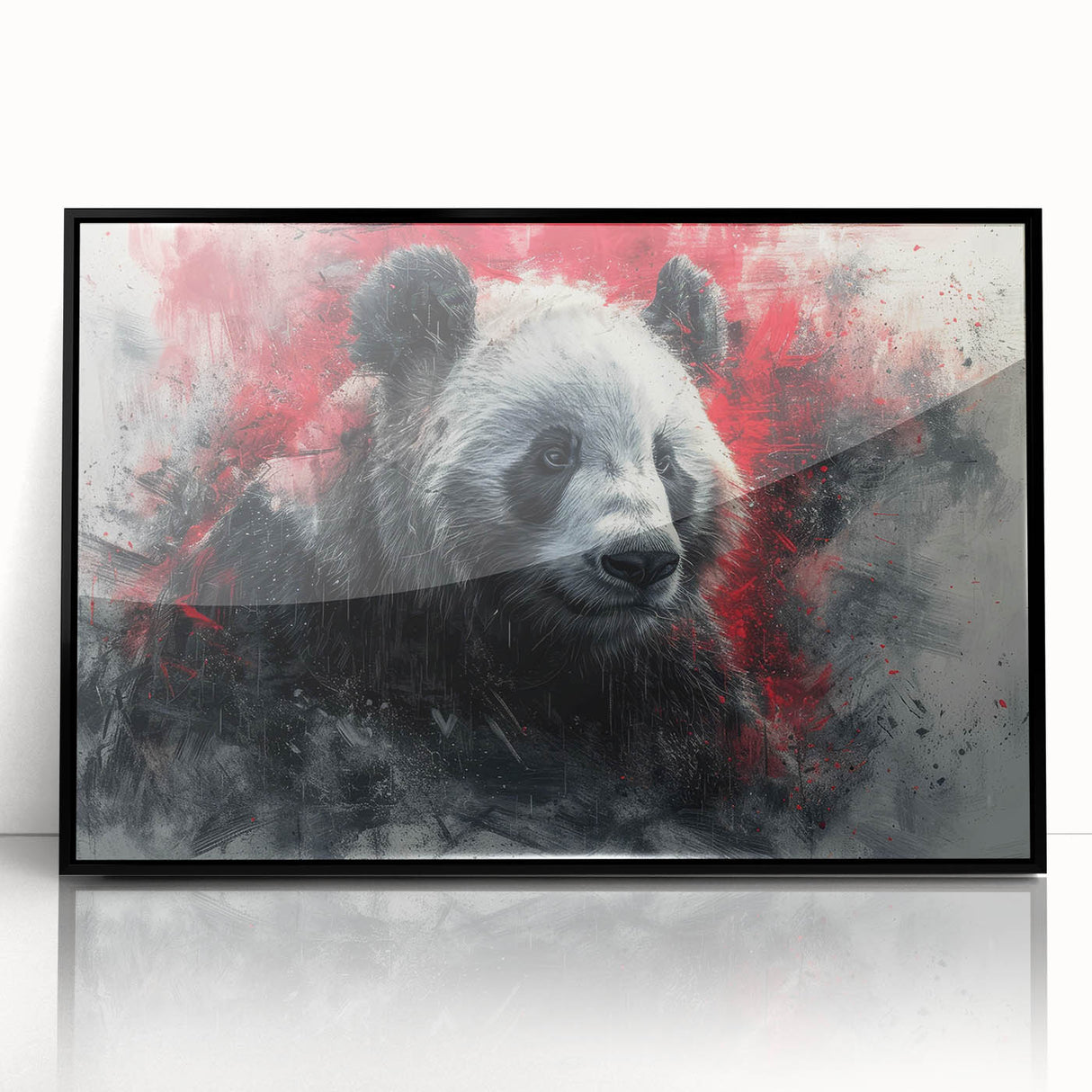 Framed black wall art featuring a whimsical panda bear design, perfect for children's room decor, showcasing vibrant colors and playful imagery.