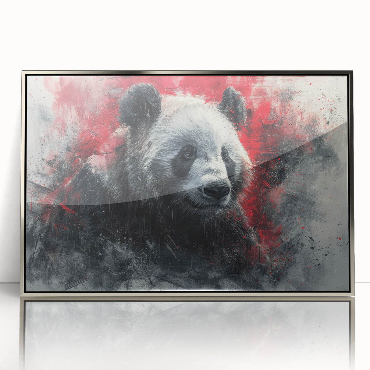 Framed wall art featuring a whimsical panda bear design with a silver-acrylic finish, perfect for home decor, adding a playful touch to any room.