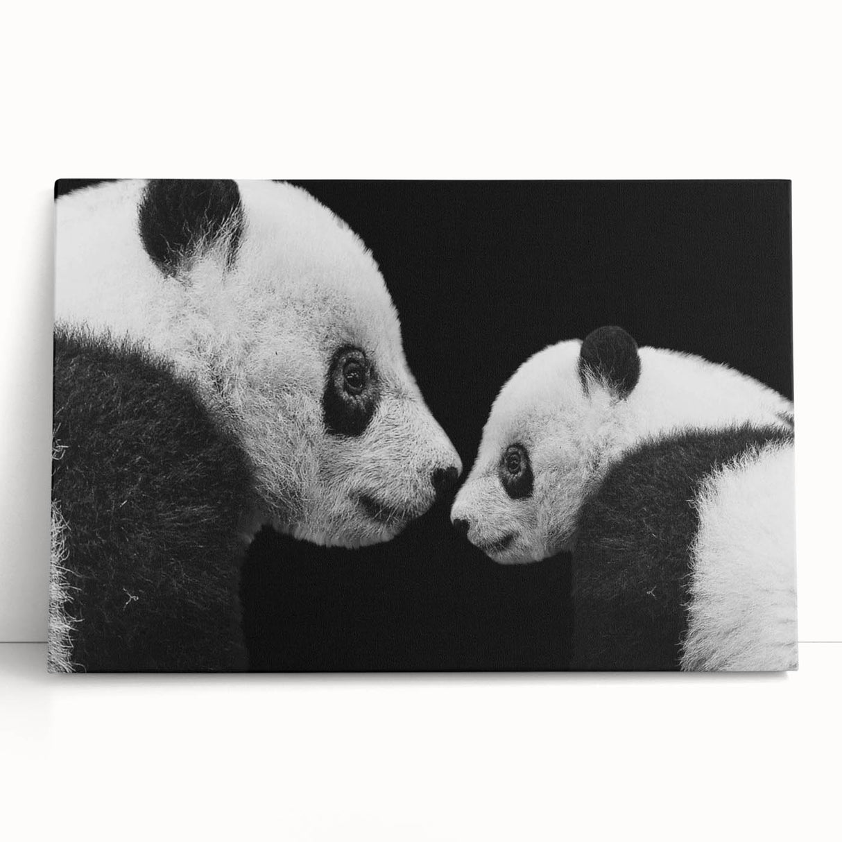 Panda bear wall art collection on stretched canvas, featuring vibrant colors and playful design, perfect for children's room decor or animal lovers' spaces.