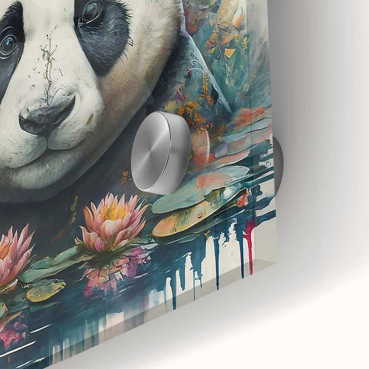 Close-up of a vibrant panda bear wall art design printed on acrylic glass, showcasing intricate details and rich colors, ideal for modern home decor.