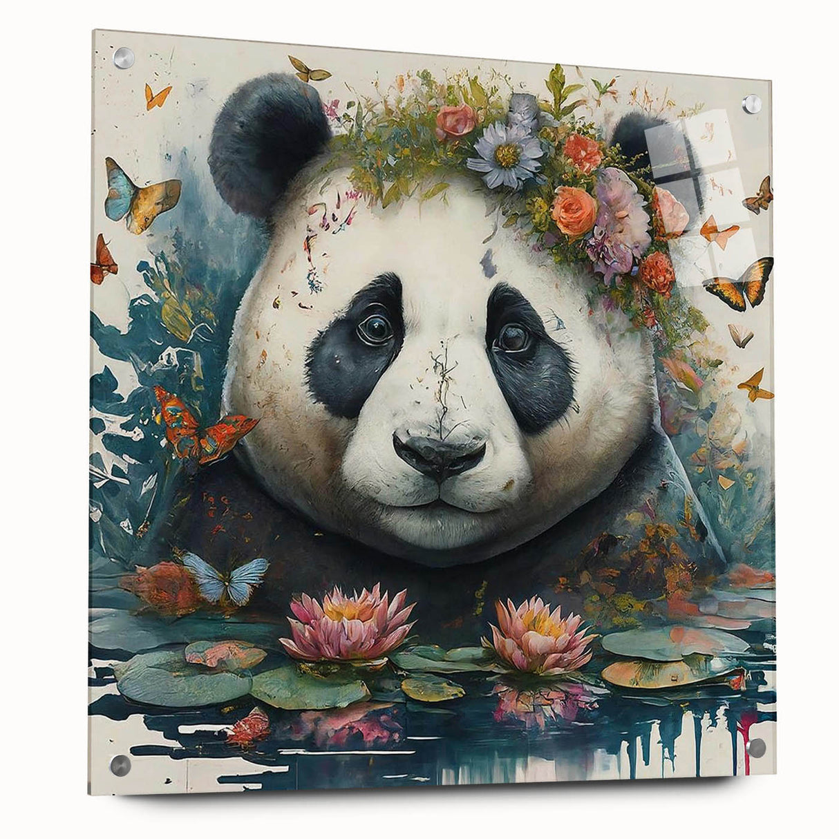 Acrylic glass wall art showcasing a charming panda bear design, elegantly displayed from a side view with decorative pins. Ideal for children's rooms or playful decor.