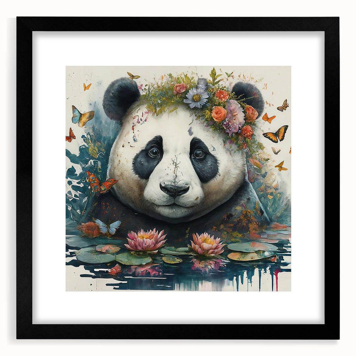 Black-framed panda bear wall art design showcasing a playful bear illustration, elegantly matted for a polished look, perfect for children's rooms or playful decor.