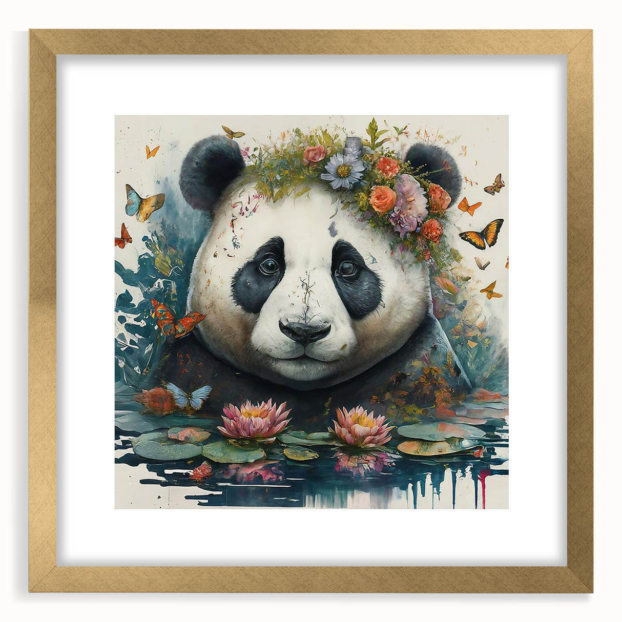 Gold-framed wall art featuring a whimsical panda bear design, elegantly matted and ready for display, ideal for children's rooms or playful decor themes.