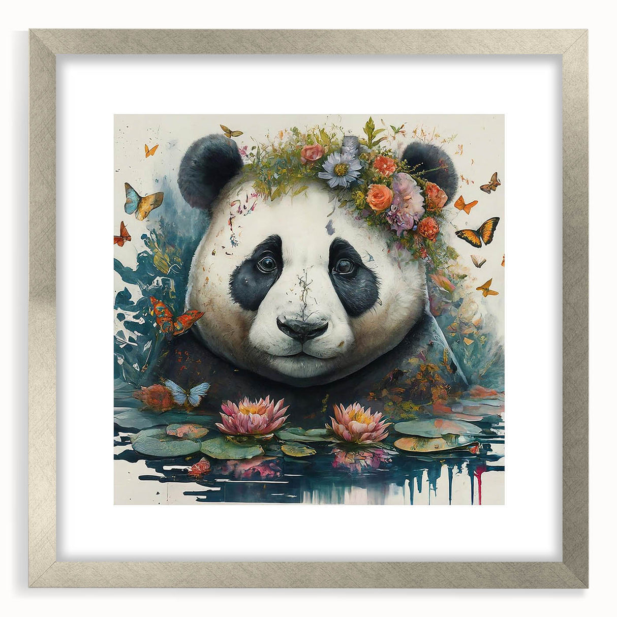 Framed wall art featuring a whimsical panda bear design with a silver mat, showcasing vibrant colors and playful details, perfect for children's room decor.