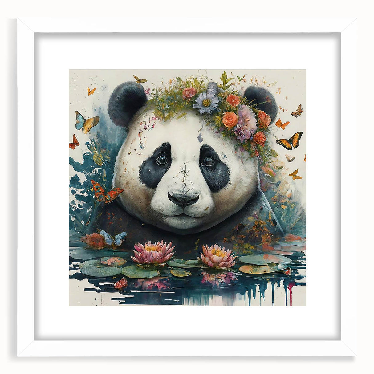 Framed panda bear wall art with a white mat, showcasing a playful design perfect for children's rooms or nursery decor, adding a whimsical touch to any space.