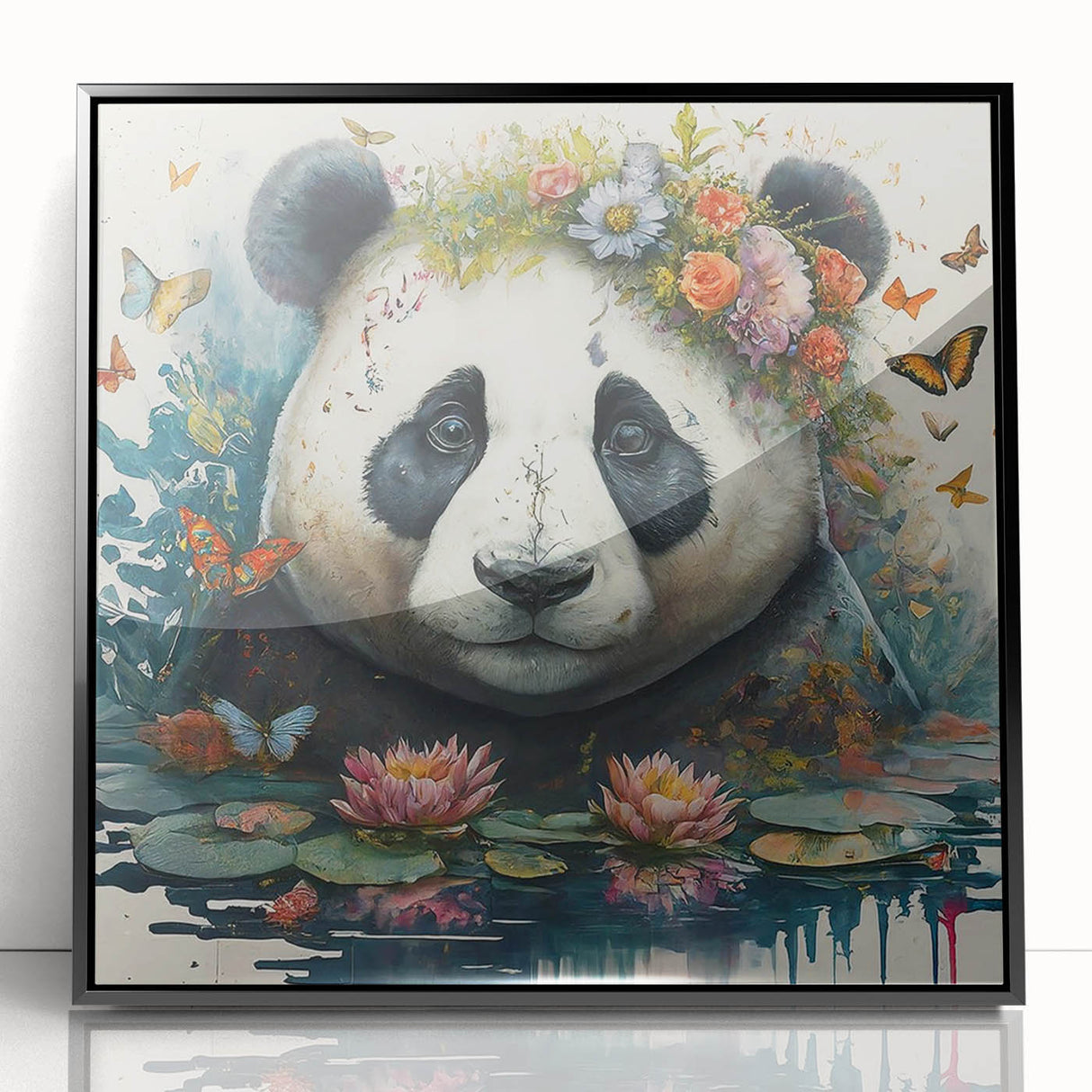 Framed acrylic wall art featuring a playful panda bear design, showcasing vibrant colors and a sleek black frame, perfect for modern home decor.