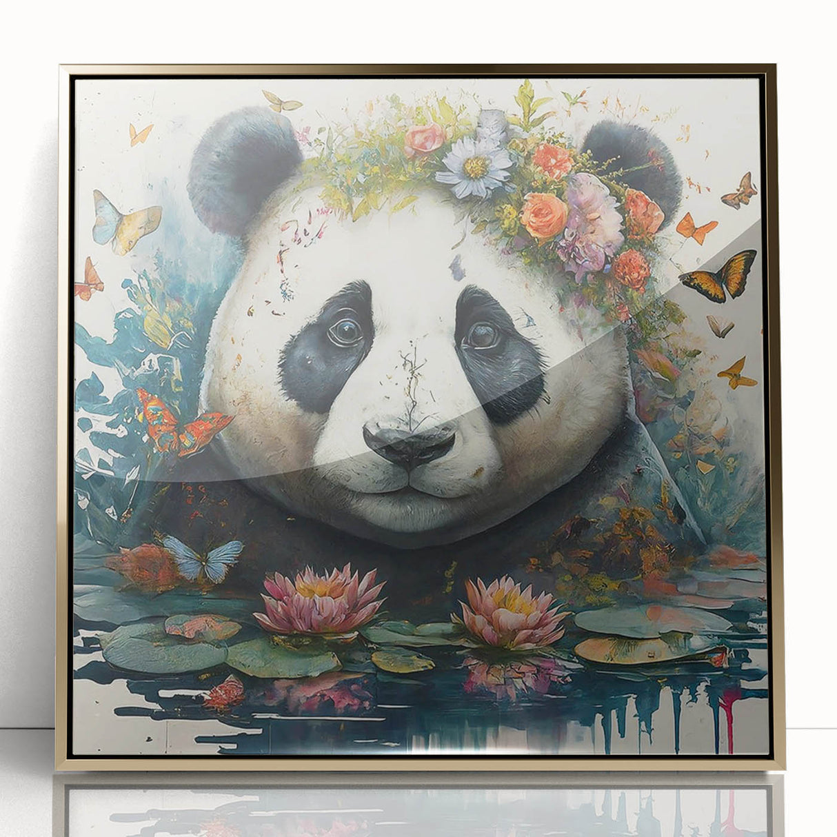 Framed acrylic wall art featuring a playful panda bear design with a gold frame, ideal for children's rooms or animal-themed decor, enhancing any space with charm.