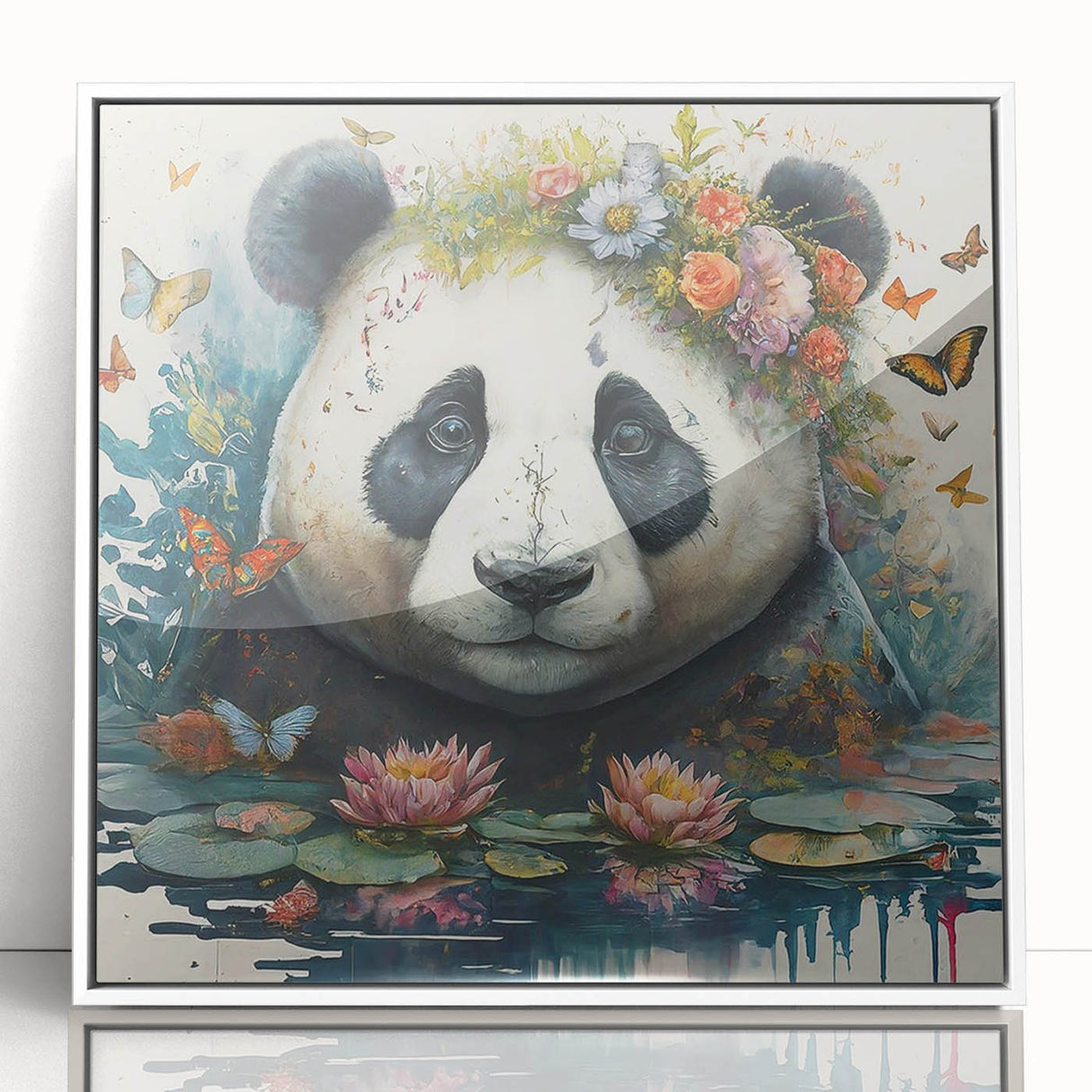 Framed wall art featuring a playful panda bear design on a white background, showcasing vibrant colors and modern aesthetics, perfect for children's room decor.