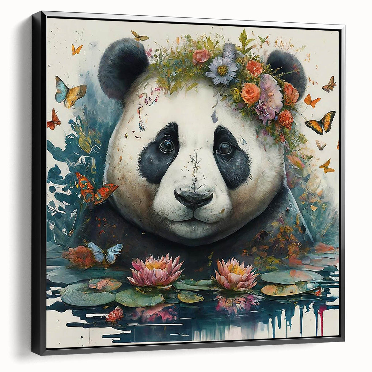Framed wall art collection featuring a panda bear design on a black background, showcasing vibrant colors and intricate details, perfect for children's room decor.
