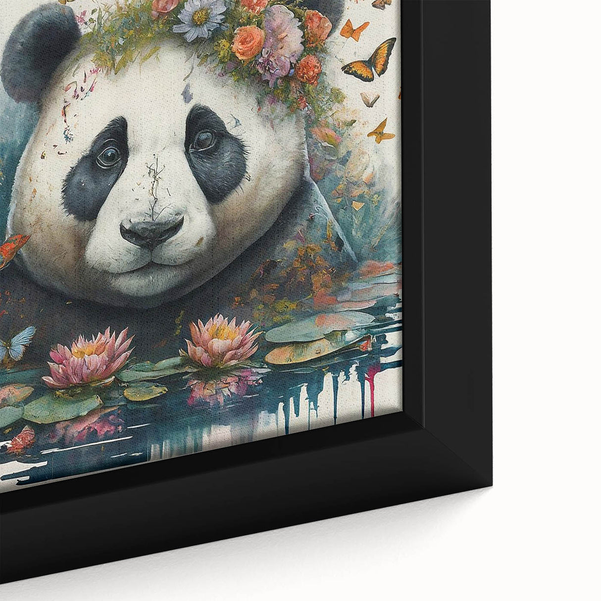 Close-up view of a framed panda bear wall art design on canvas, featuring vibrant colors and intricate details, perfect for children's room decor or animal lovers.