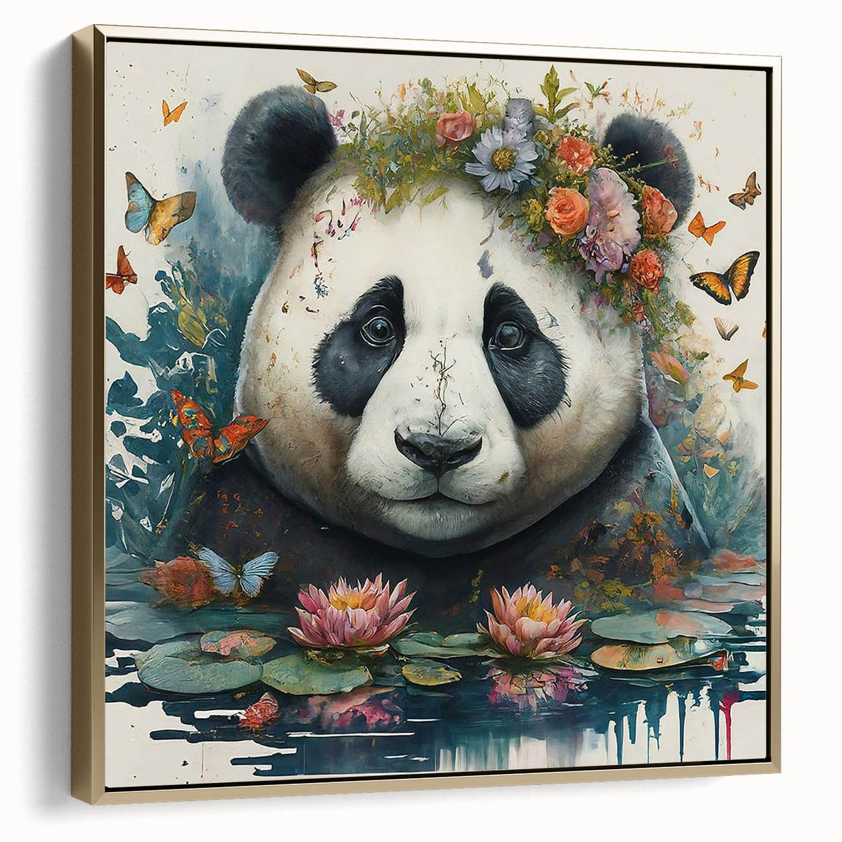 Framed wall art showcasing a panda bear design on a canvas, featuring a gold-colored frame. This stylish decor piece adds a playful touch to any room.