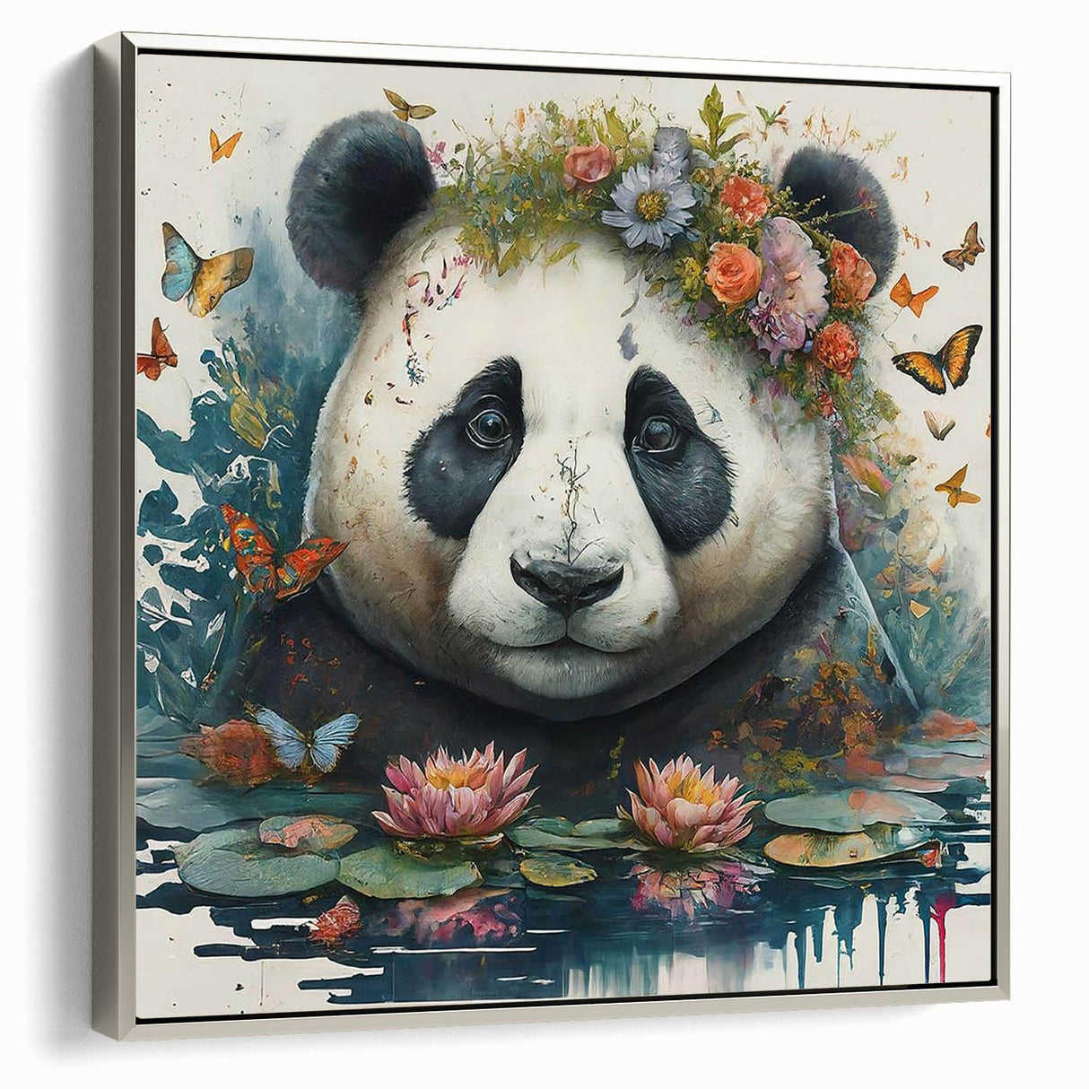 Framed canvas wall art collection showcasing a playful panda bear design, with a sleek silver frame, perfect for children's rooms or playful decor.
