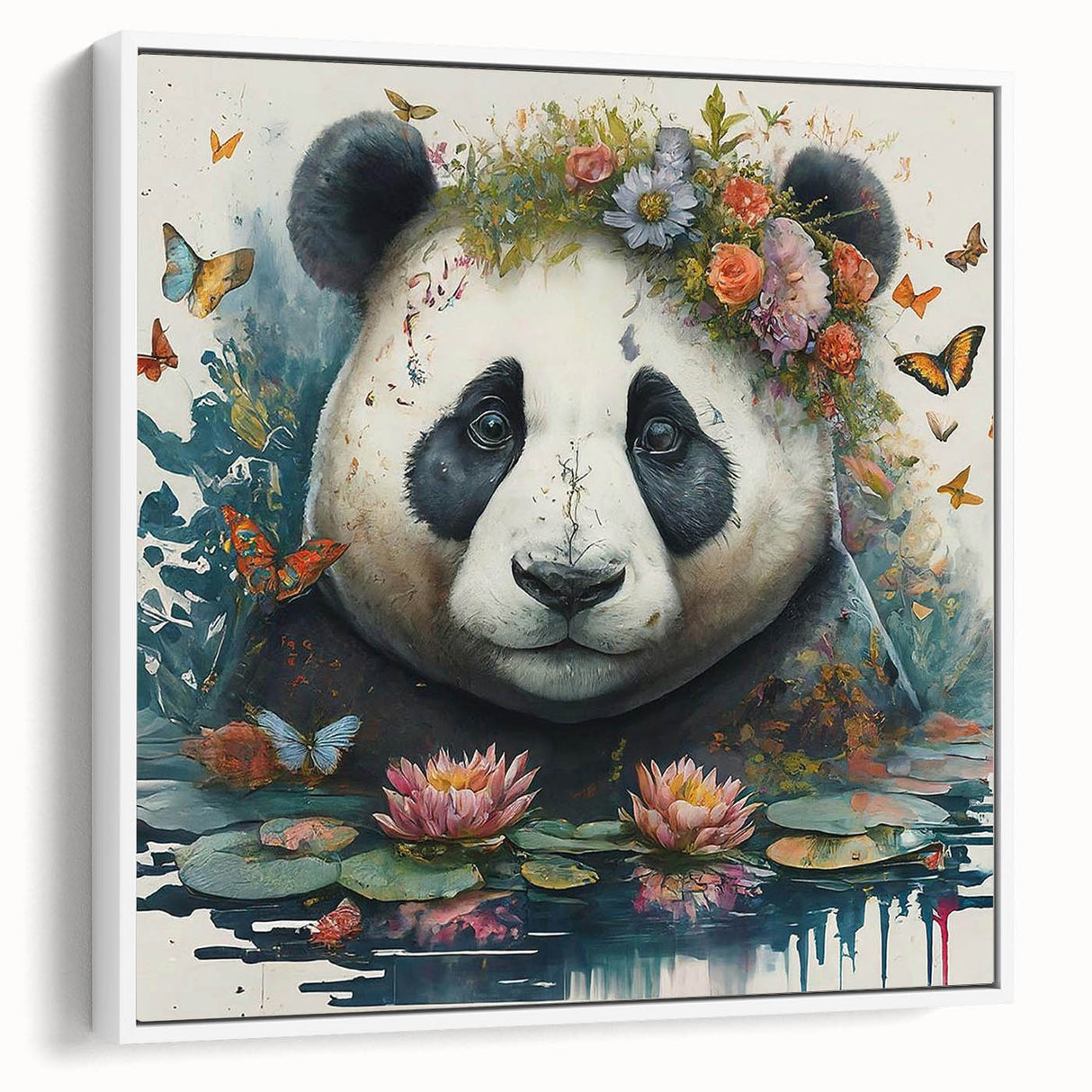 Framed wall art featuring a whimsical panda bear design on a white canvas, showcasing vibrant colors and playful details, ideal for children's room decor.