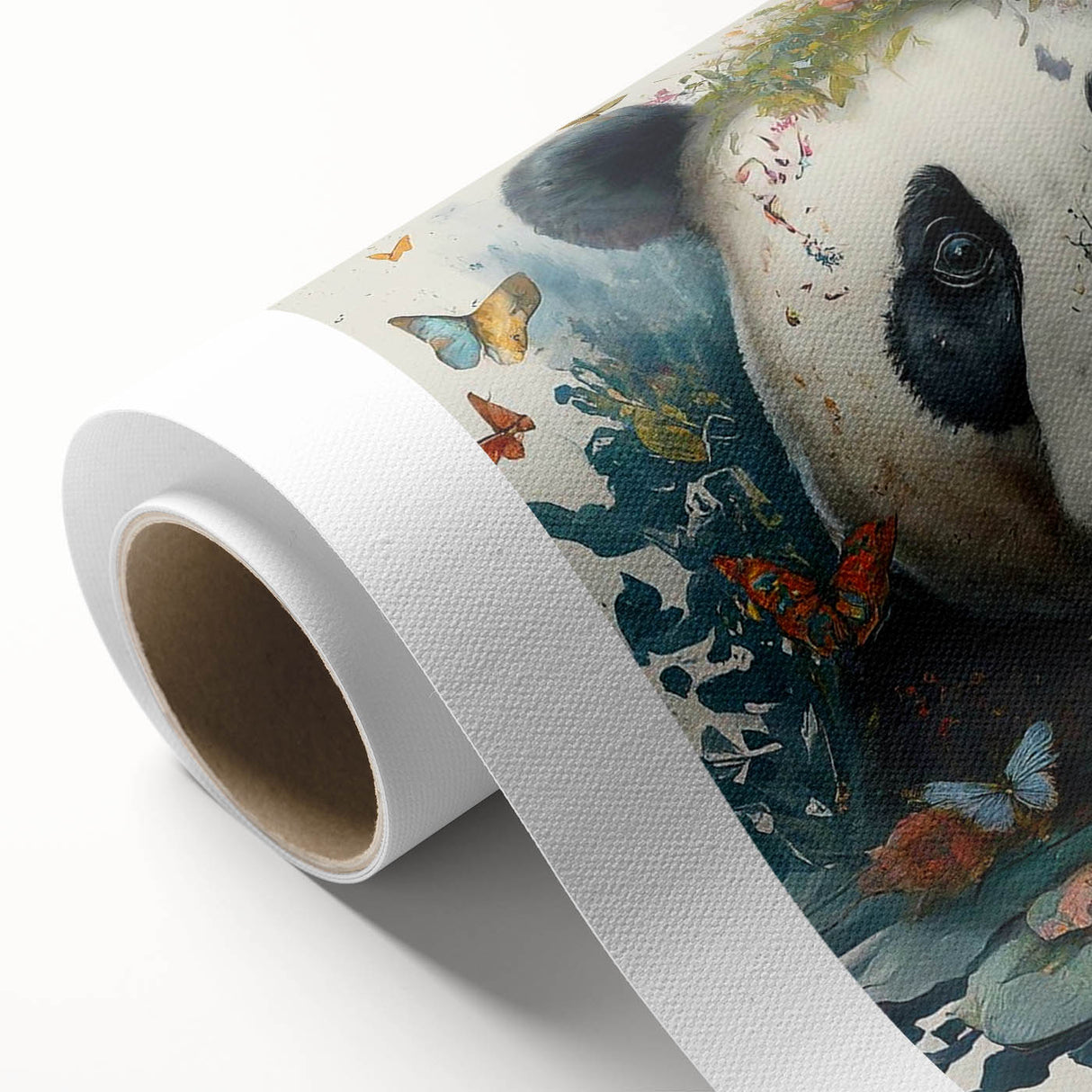 Colorful rolled canvas wall art featuring a playful panda bear design, showcasing vibrant colors and intricate details, ideal for children's room decor or animal lovers.