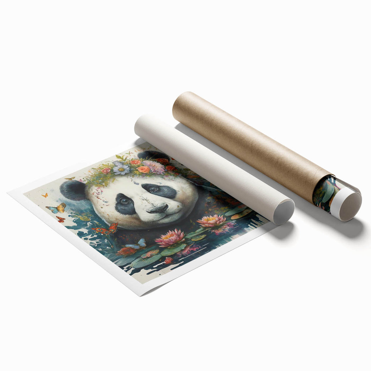 Panda bear wall art print showcasing a playful panda amidst lush greenery, designed for children's rooms or nursery decor, emphasizing vibrant colors and whimsical style.