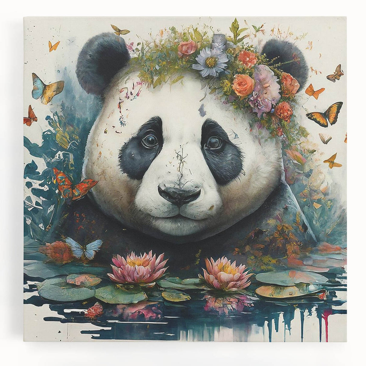 Stretched canvas wall art featuring a playful panda bear design, showcasing vibrant colors and intricate details, perfect for children's room decor.