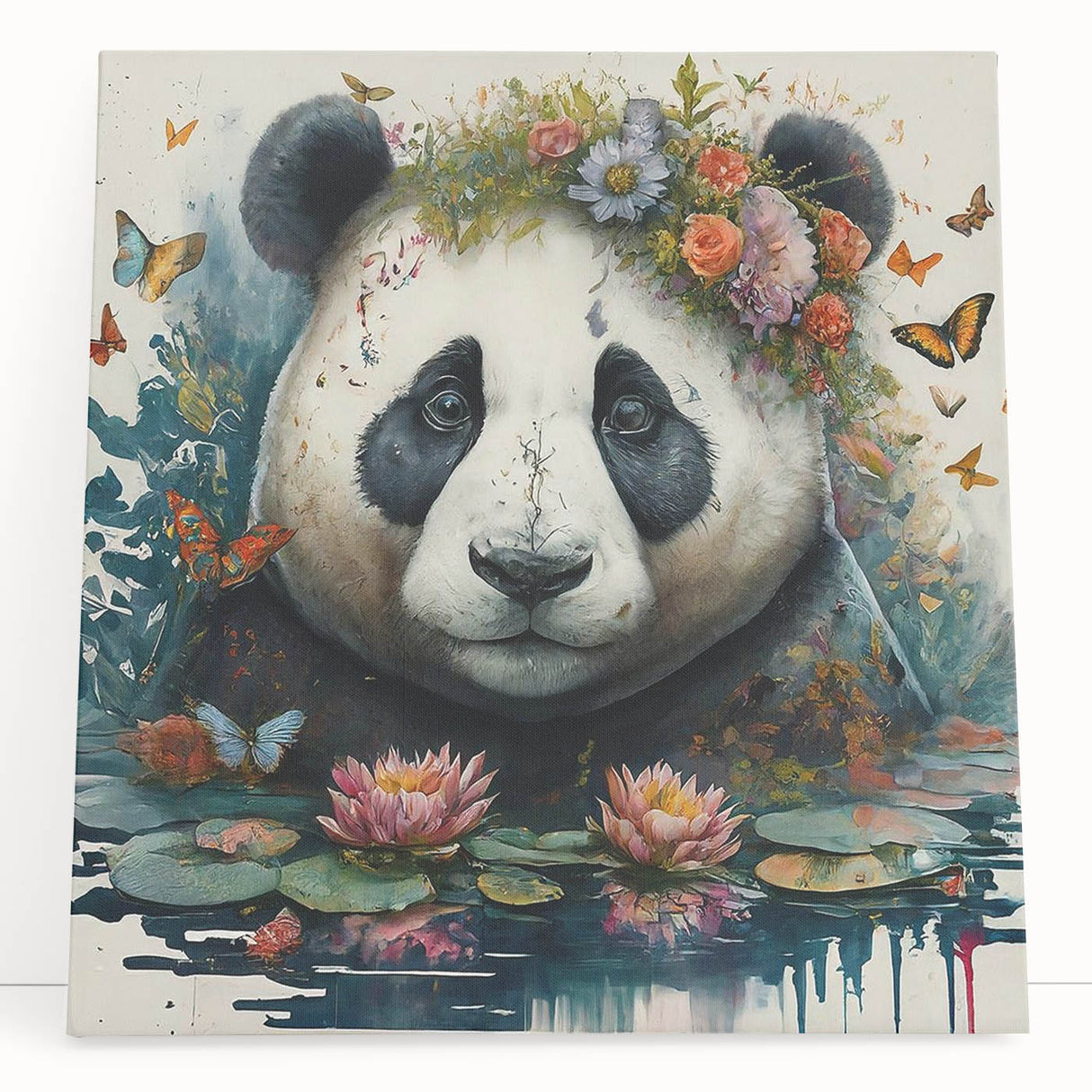 Panda bear wall art collection printed on stretched canvas, showcasing vibrant colors and playful design, perfect for children's room decor or nursery.